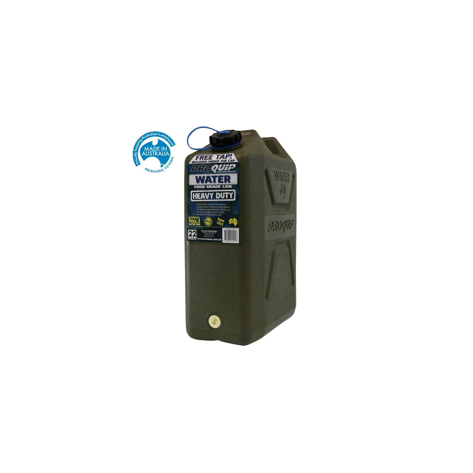 Jerrycan eau - plastique vert - Format US 22L - avec robinet à visser sur le bas du Jerrycan 