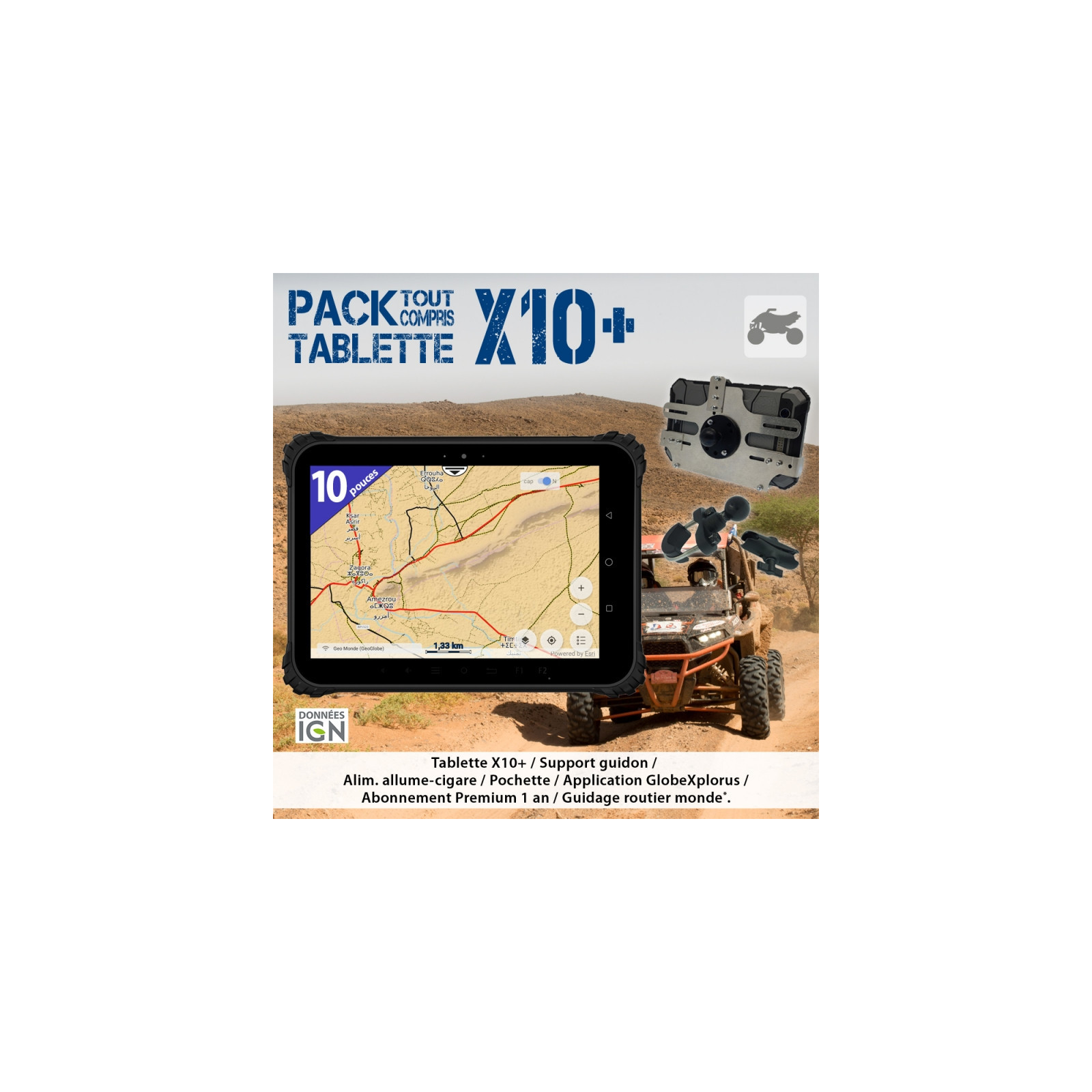 Pack tablette durcie 10’’ gps off-road GlobeXplorer X10+ • Pack SSV 