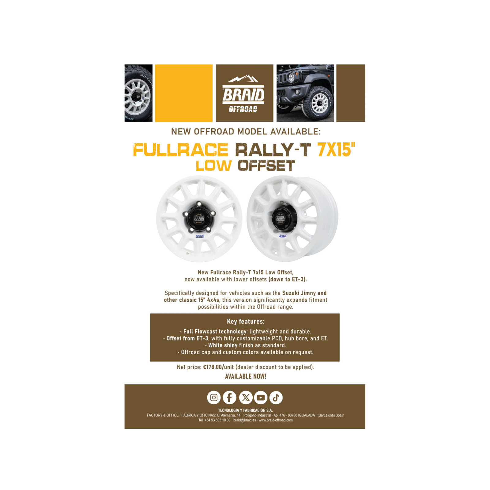 Jante Alu Braid Fullrace Rally Blanche 7x15 5x139 7 ET-3 Jimny 2018+