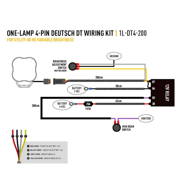 KIT DE CÂBLAGE UNE LAMPE (4-BROCHES, DEUTSCH DT, 12V)