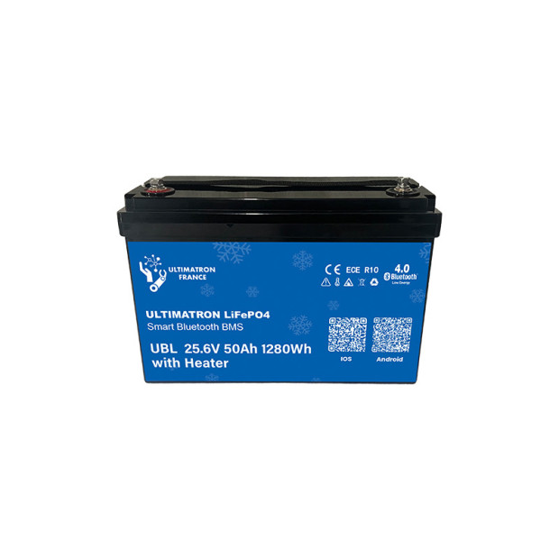 Batterie lithium LiFePO4 ULTIMATRON 25.6V 50Ah avec Bluetooth, Smart BMS intégré et chauffage