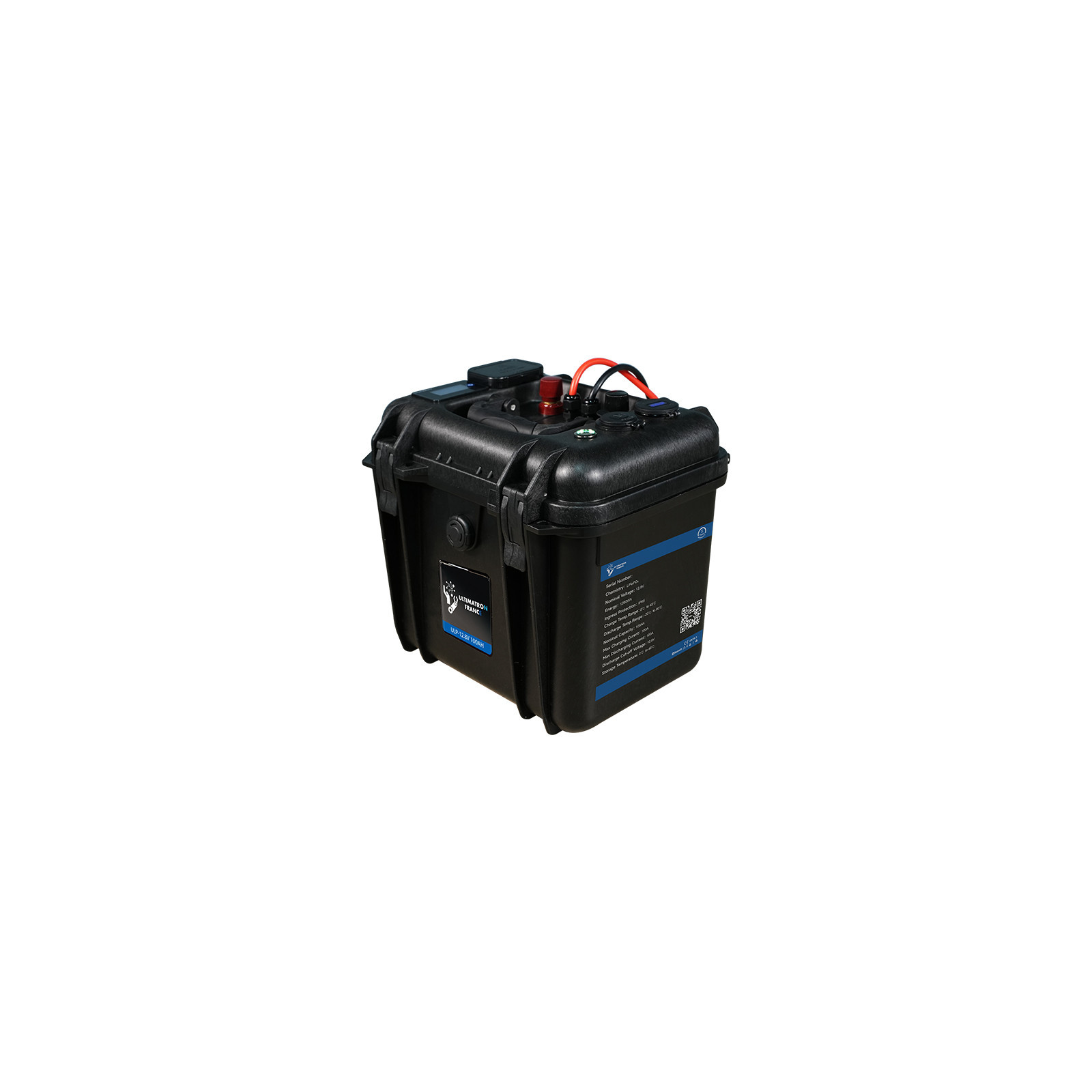 Valise-batterie portable Lithium LiFePO4 ULTIMATRON 12V 100Ah avec Bluetooth, Smart BMS intégré et indicateur de charge