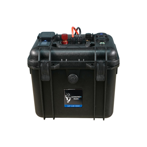 Valise-batterie portable Lithium LiFePO4 ULTIMATRON 12V 100Ah avec Bluetooth, Smart BMS intégré et indicateur de charge