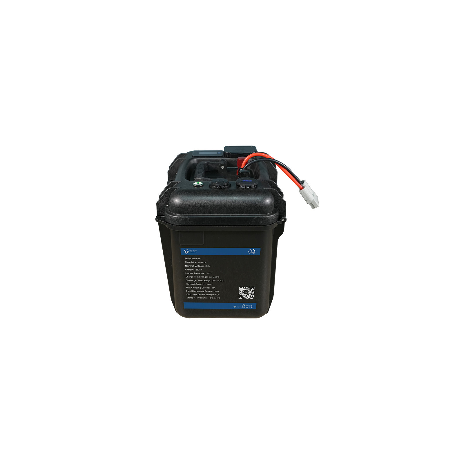 Valise-batterie portable Lithium LiFePO4 ULTIMATRON 12V 100Ah avec Bluetooth, Smart BMS intégré et indicateur de charge